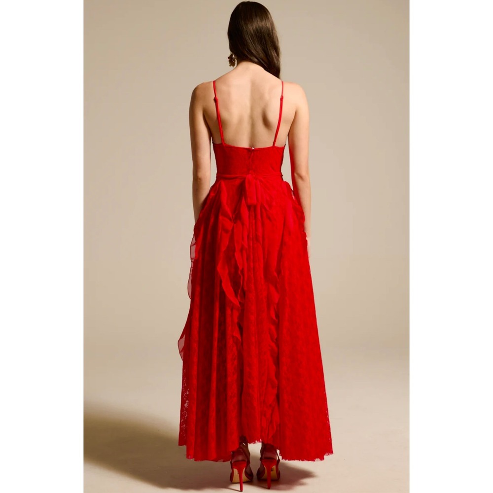 Red Lace Maxi Prom Dress Deep V Ruffle Sash Necklace Tie Party Formal Sold Out - Picture 7 of 11